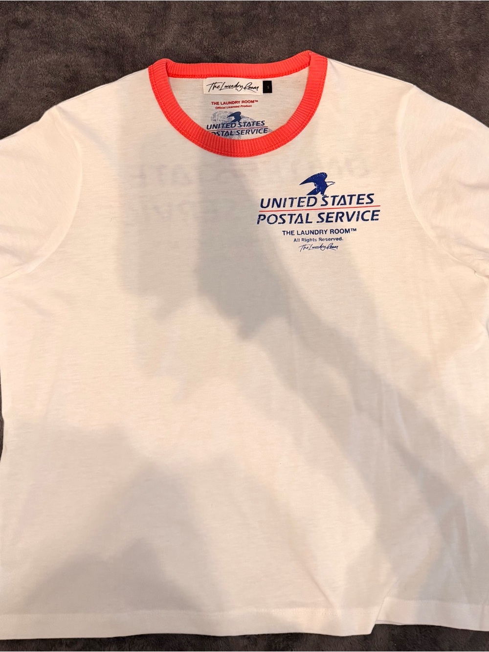 The Laundry Room White Tee with Coral Ringer and Navy Logo